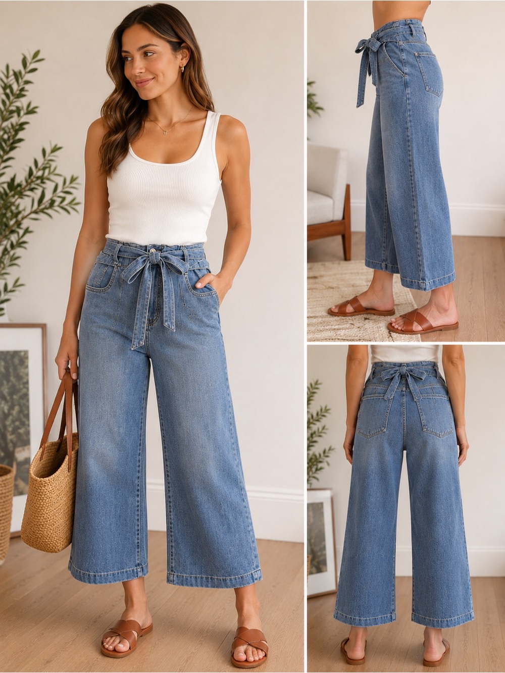 J.Crew Tie Waist Wide Leg Cropped Chambray Jeans Size 27